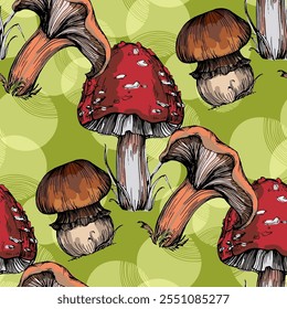 Seamless Pattern with olives and mushrooms. Color sketch style hand drawn background. Detailed illustration, hand drawn. Great for fabric and textile, prints, invitation, packaging