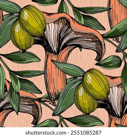 Padrão sem costura com azeitonas e cogumelos. Fundo desenhado à mão estilo de esboço de cor. Ilustração detalhada, desenhada à mão. Ótimo para tecido e têxtil, estampas, convite, embalagem