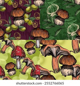 Seamless Pattern with olives and mushrooms. Color sketch style hand drawn background. Detailed illustration, hand drawn. Great for fabric and textile, prints, invitation, packaging