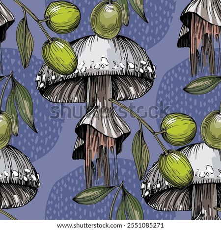 Seamless Pattern with olives and mushrooms. Color sketch style hand drawn background. Detailed illustration, hand drawn. Great for fabric and textile, prints, invitation, packaging