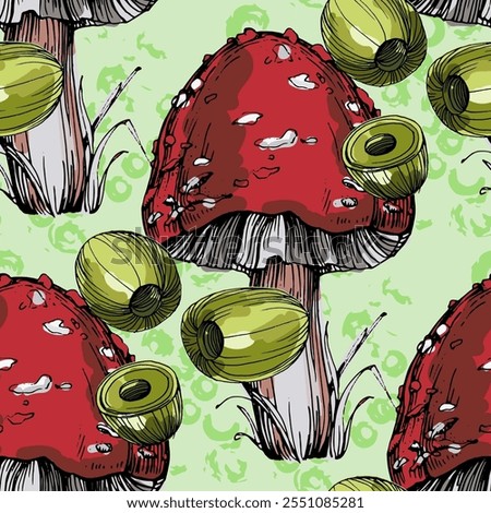 Seamless Pattern with olives and mushrooms. Color sketch style hand drawn background. Detailed illustration, hand drawn. Great for fabric and textile, prints, invitation, packaging