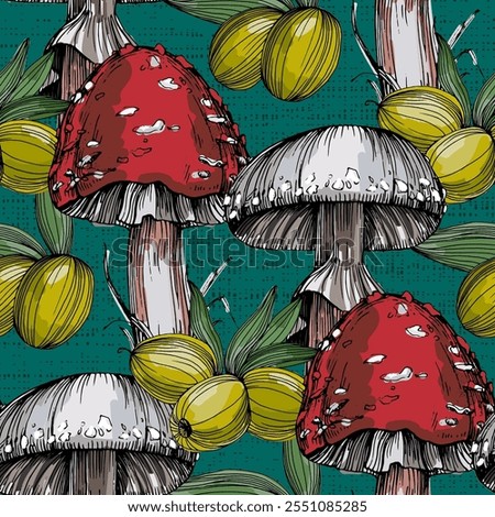 Seamless Pattern with olives and mushrooms. Color sketch style hand drawn background. Detailed illustration, hand drawn. Great for fabric and textile, prints, invitation, packaging