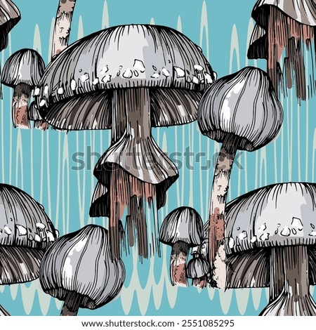Seamless Pattern with olives and mushrooms. Color sketch style hand drawn background. Detailed illustration, hand drawn. Great for fabric and textile, prints, invitation, packaging