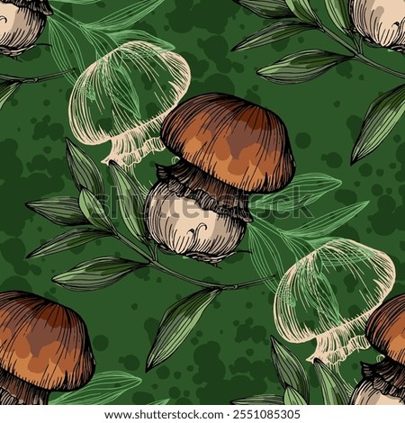 Seamless Pattern with olives and mushrooms. Color sketch style hand drawn background. Detailed illustration, hand drawn. Great for fabric and textile, prints, invitation, packaging