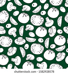 Seamless pattern of olives, mushrooms and tomatoes on a green background. Vector. Doodle style. Decor element. Suitable for decorating things, kitchen items.