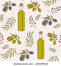 Seamless pattern with olives and oil. Used for kitchen, cafe stuff, wallpaper, pattern fills, web page background, surface textures.