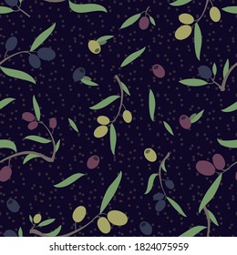 Seamless pattern with olives.  Pattern with olive branch. Vintage texture. Retro style.
