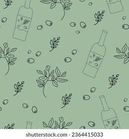 Seamless pattern with olives, olive oil, olive branch on green background in doodle style
