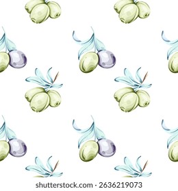 Seamless pattern of olives and olive oil in watercolor style for beautiful backgrounds and wallpapers inspired by Italian cuisine and nature