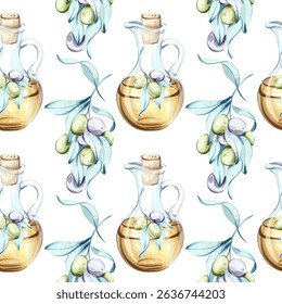 Seamless pattern of olives and olive oil in watercolor style for kitchen decor wallpaper and backgrounds inspired by Italian cuisine and natures beauty