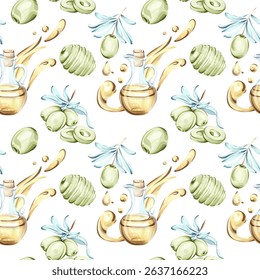 Seamless pattern of olives and olive oil in watercolor technique creating a background wallpaper inspired by Italian cuisine nature and healthy living
