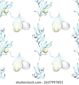 Seamless pattern of olives and olive oil in watercolor style showcasing the beauty of Italian cuisine and nature perfect for backgrounds and wallpaper designs