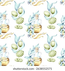 Seamless pattern of olives and olive oil in watercolor technique showcasing elements of Italian cuisine nature and the beauty of healthy eating for wallpaper and background designs