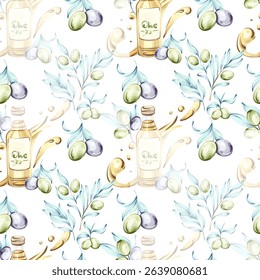 Seamless pattern of olives and olive oil in watercolor technique for background and wallpaper that celebrates Italian cuisine and natures beauty