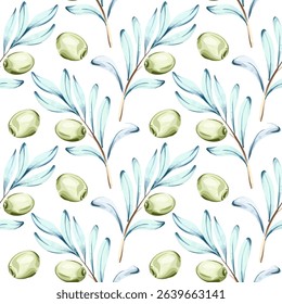 Seamless pattern of olives and olive oil a watercolor illustration showcasing the beauty of Italian cuisine nature and healthy living ideal for backgrounds or wallpaper designs