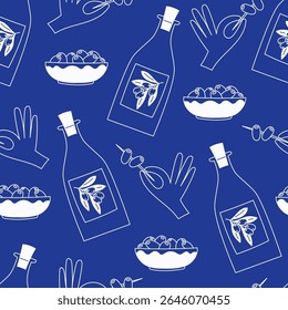 Seamless pattern of olives and olive oil in flat Mediterranean style