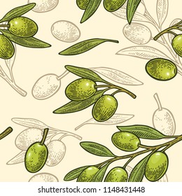 Seamless pattern olives on branch with leaves. Hand drawn design element. Vintage color vector engraving illustration for poster, menu, label, web. Isolated on beige background.