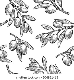 Seamless pattern Olives on branch with leaves. Hand drawn design element. Vintage black vector engraving illustration for logotype, poster, web. Isolated on white background.