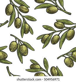 Seamless pattern Olives on branch with leaves. Hand drawn design element. Vintage color vector engraving illustration for logotype, poster, web. Isolated on white background.