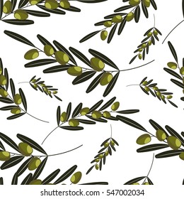 Seamless pattern Olives on branch with leaves. Hand drawn design element. Vintage color vector engraving illustration for logotype, poster, web. Isolated on white background.