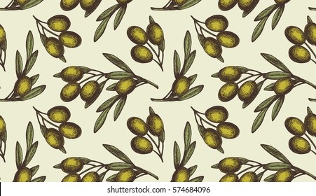 Seamless pattern Olives on branch with leaves. Hand drawn design element. Vintage color vector engraving illustration.