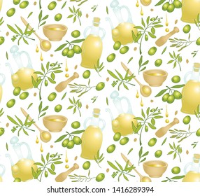 Seamless pattern with olives.  Separate olives and twigs with leaves.  Added bottles of olive oil, wooden utensils and oil drops