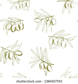 seamless pattern olives, sketch, hand-drawn olive fruits and branches