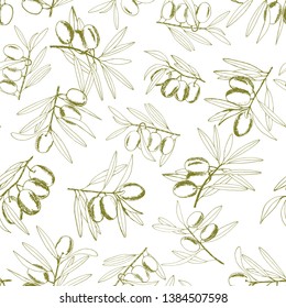 seamless pattern olives, sketch, hand-drawn olive fruits and branches