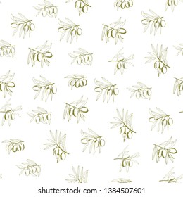 seamless pattern olives, sketch, hand-drawn olive fruits and branches