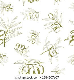 seamless pattern olives, sketch, hand-drawn olive fruits and branches