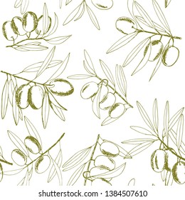 seamless pattern olives, sketch, hand-drawn olive fruits and branches