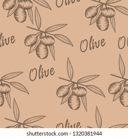 Seamless pattern with olives in the style of engraving.
