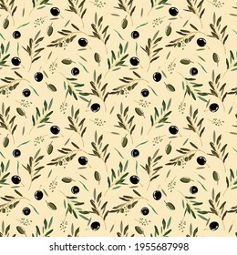 Seamless pattern with olives. For textile, wrapping paper, packaging. Vector pattern. 