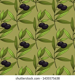 Seamless pattern with olives. Vector branches, leaves and black olives on green background. Design for labels, wrappers, textiles, web design.