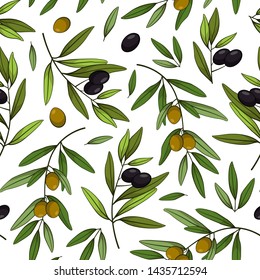 Seamless pattern with olives. Vector branches, leaves, black and green olives. Design for labels, wrappers, textiles, web design. Isolated on white.