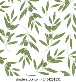 Seamless pattern with olives. Vector silhouette of branches, leaves and olives. Design for labels, wrappers, textiles, web design. Isolated on white.