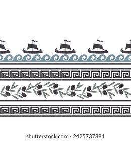 Seamless pattern with olives, waves, ships, and Greek symbols. Rich ancient stylized ornament, vector illustration