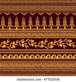 Seamless pattern with olives, wheat, and greek symbols. Rich ancient stylized ornament.