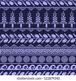 Seamless pattern with olives, wheat, and greek symbols. Monochrome palette