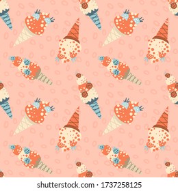 Seamless pattern of olorful summer ice cream with sprinkles and fruits