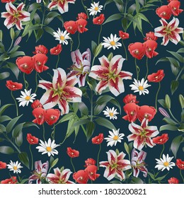 Seamless pattern from Olympic lilies, daisies and poppies. Dark blue background.