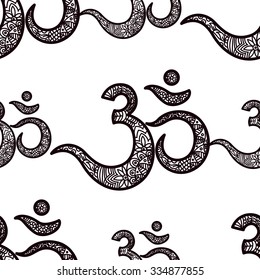 Seamless pattern Om or Aum Indian sacred sound, original mantra, a word of power. The symbol of the divine triad of Brahma, Vishnu and Shiva. The rich round mandala. For prints, textiles, mehendi.