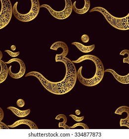 Seamless pattern Om or Aum Indian sacred sound, original mantra, a word of power. The symbol of the divine triad of Brahma, Vishnu and Shiva. The rich round mandala. For prints, textiles, mehendi.