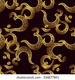 Seamless pattern Om or Aum Indian sacred sound, original mantra, a word of power. The symbol of the divine triad of Brahma, Vishnu and Shiva. The rich round mandala. For prints, textiles, mehendi.