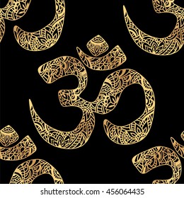 Seamless pattern Om of mehendi - Indian sacred sound, original mantra. The symbol of the divine triad of Brahma, Vishnu and Shiva.