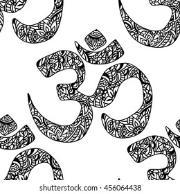 Seamless pattern Om of mehendi - Indian sacred sound, original mantra. The symbol of the divine triad of Brahma, Vishnu and Shiva.