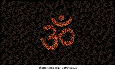 Seamless pattern Om,Aum,symbol of divine Trimurti (triad) of Brahma, Vishnu and Shiva.Sacred sound,primordial mantra,word of power,pictogram.Yoga,meditation,sacredness,spirituality.Vector illustration