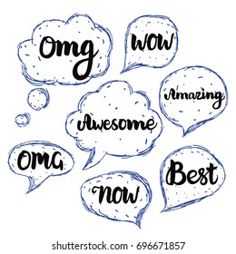 Seamless Pattern OMG, Best. Hand drawn blue inscriptions and bubbles isolated on white background. Vector lettering.