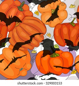 Seamless pattern with ominous shadows, bats and pumpkins