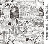 Seamless pattern on an Ancient Egypt theme with color images of Egyptian gods and handwritten text lorem ipsum. Vector abstract background in retro style. Wallpaper, wrapping paper, fabric